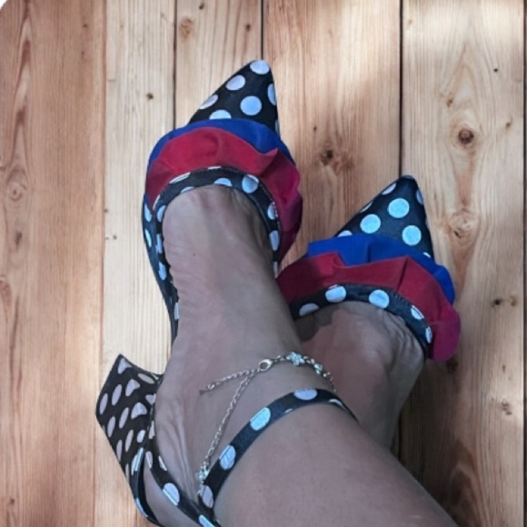 Diren Polka Dot Ankle Strap Heels Red, Blue, Black Sz 38 US 8 Made in Italy - Picture 2 of 7